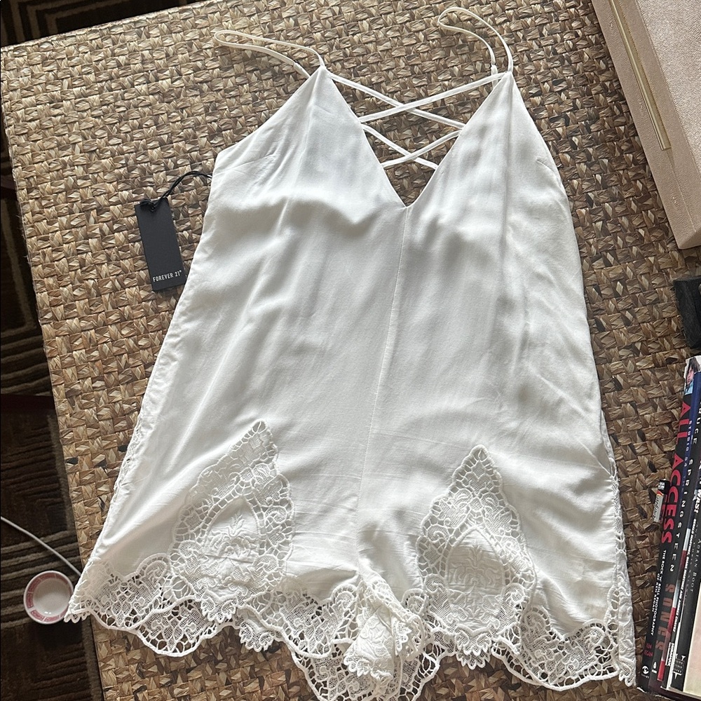 Forever 21 embroidered white jumper romper